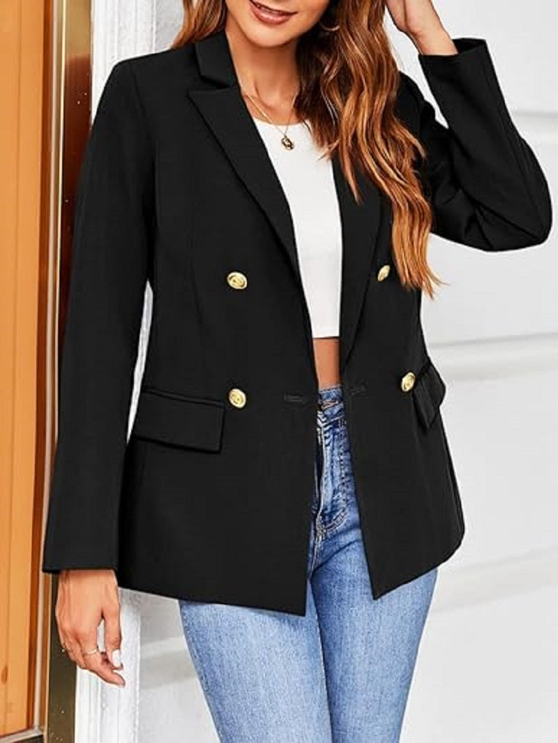 Women Classic Buttons Slim Fitting Blazer Jacket Solid Color Casual Long Slee