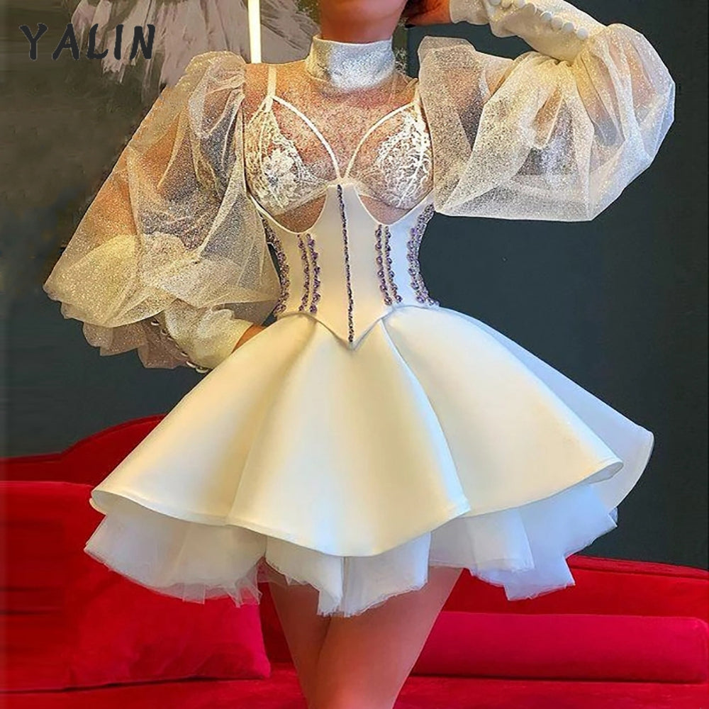 YALIN Little White Gown High Neck Short Puffy Homecoming Dresses Illusion Long