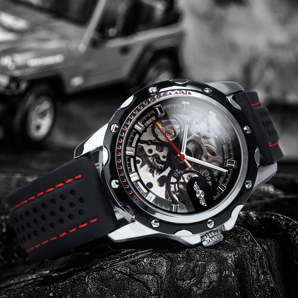 WINNER Sports Outdoor Automatic Watch for Men Luminous Hands Black Skeleton Mec image 5