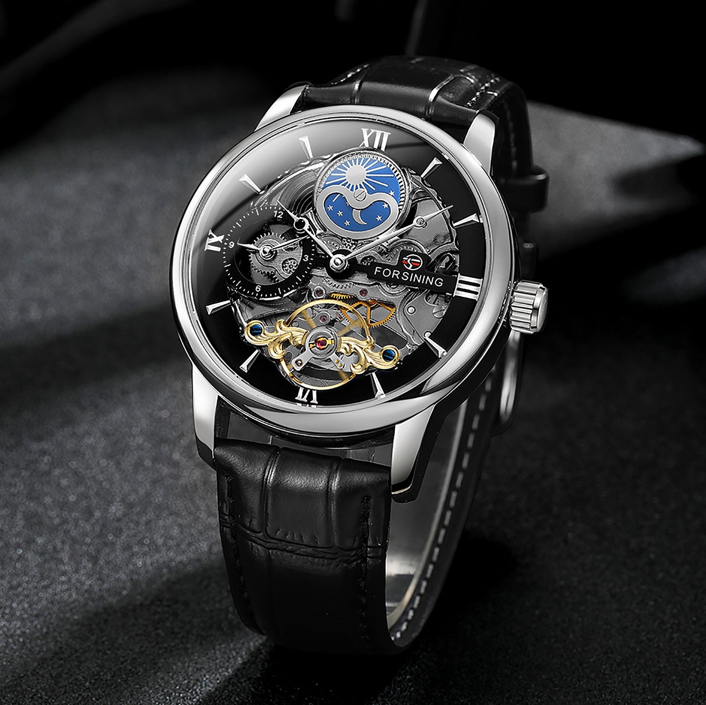 Forsining Luxury Skeleton Mechanical Watches for Men Dual Time Zone Tourbillion image 4