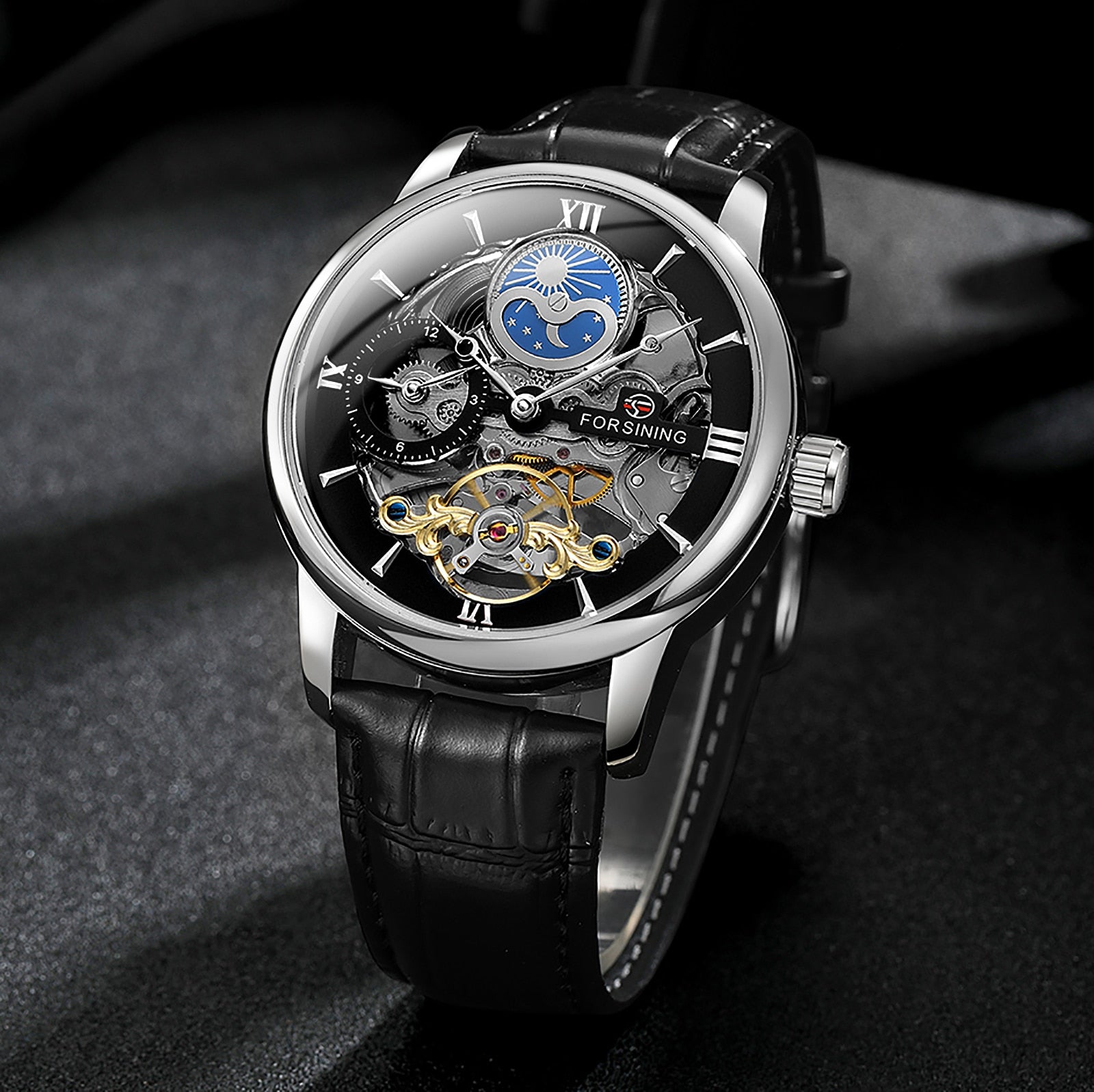 Forsining Luxury Skeleton Mechanical Watches for Men Dual Time Zone Tourbillion image 4