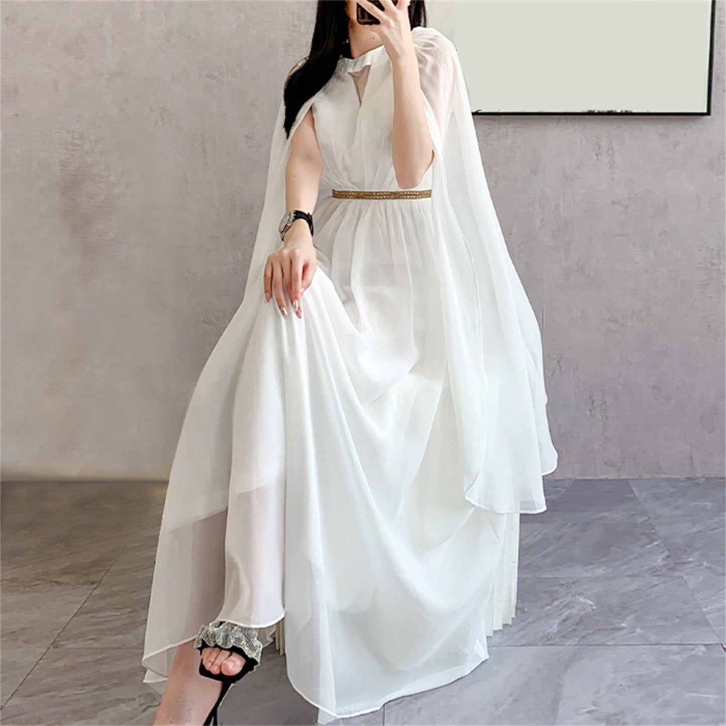 Women Dress 2024 Spring V Neck  long Dress Autumn cape Sleeve Gown