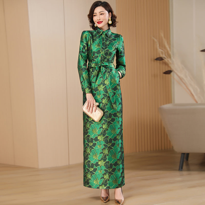 Spring Autumn Long Dress for Women Pencil Dress A-line Green Floral Slit Straig