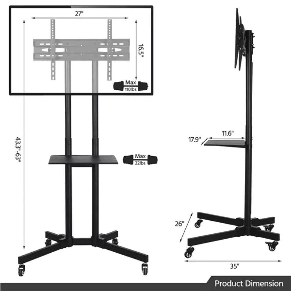 Modern Mobile Tv Stand Rolling Tv Cart For Flat Panel Tvs Up To 75 ", Strong And Durable