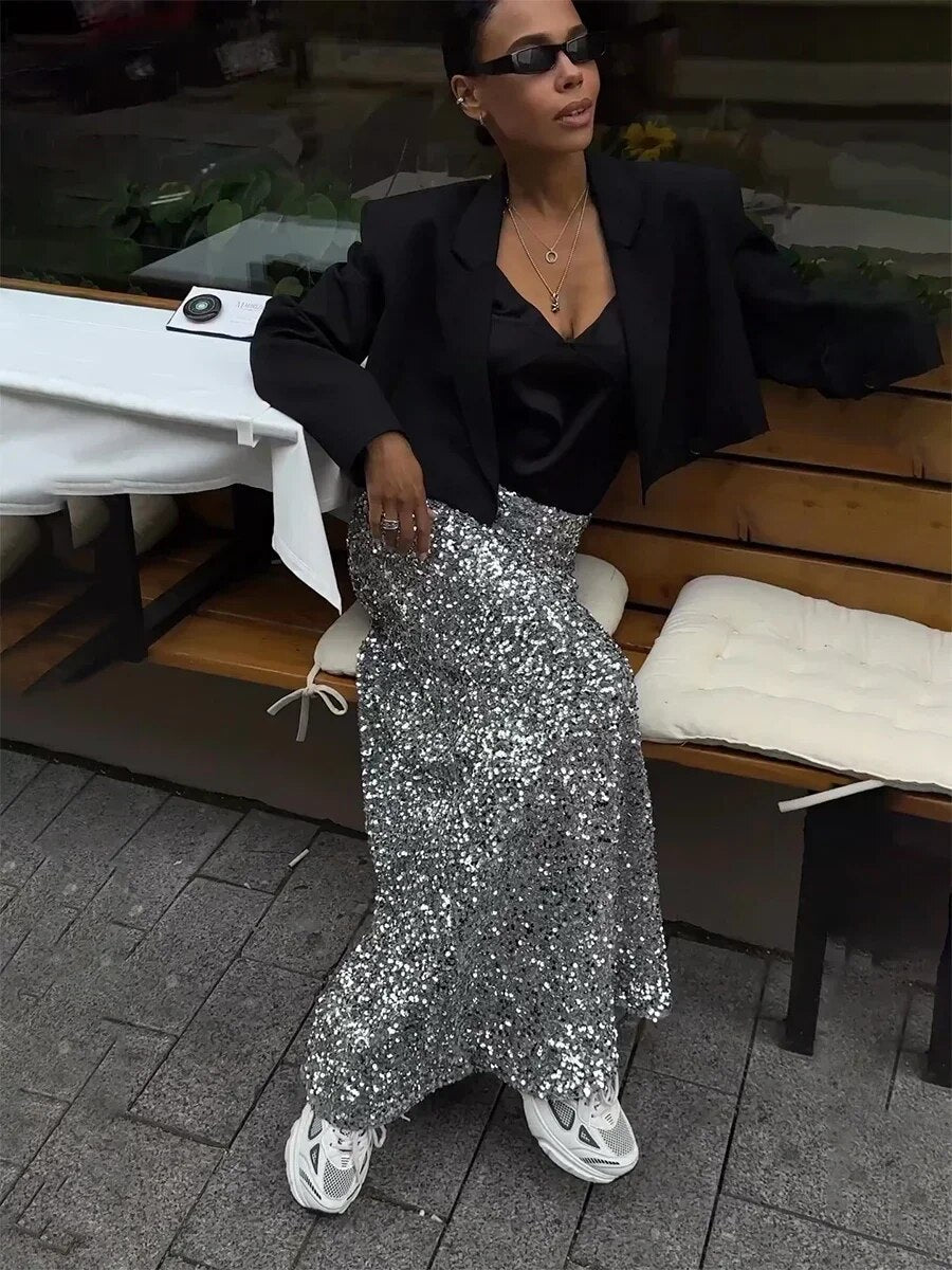 Bornladies Elegant Velvet Silk Sequins Women'skirt 2024 Dropped Waist Long Skir