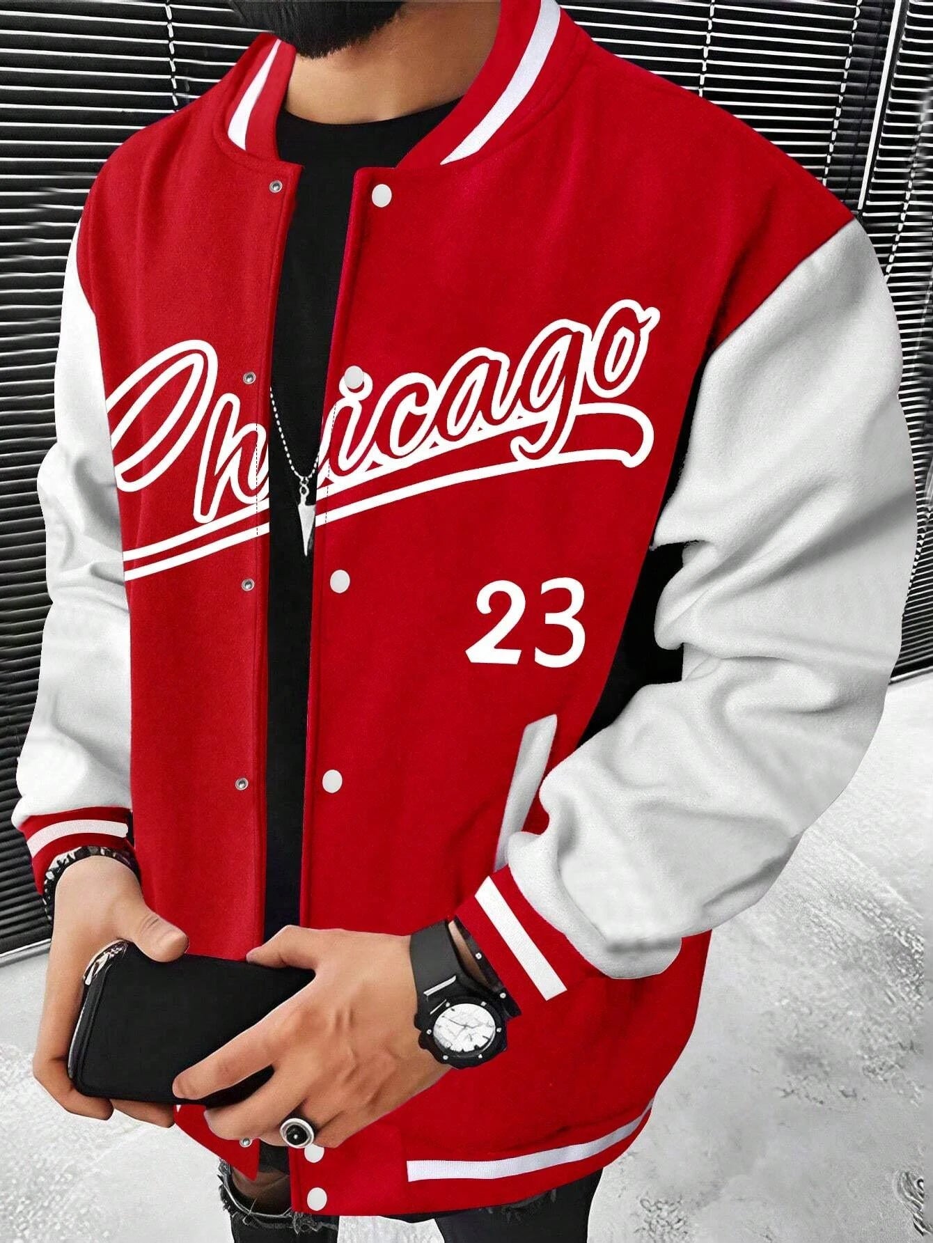 Manfinity Men's Letter Print Color-block Baseball Jacket motorcycle jacket stre image 1