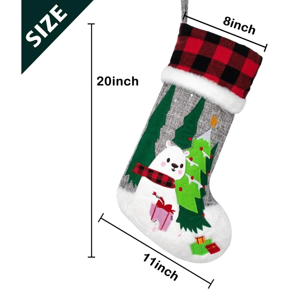 Set of 6 Christmas Stockings Gray Burlap Buffalo Red Plaid Soft Faux Fur 20 Inc image 3