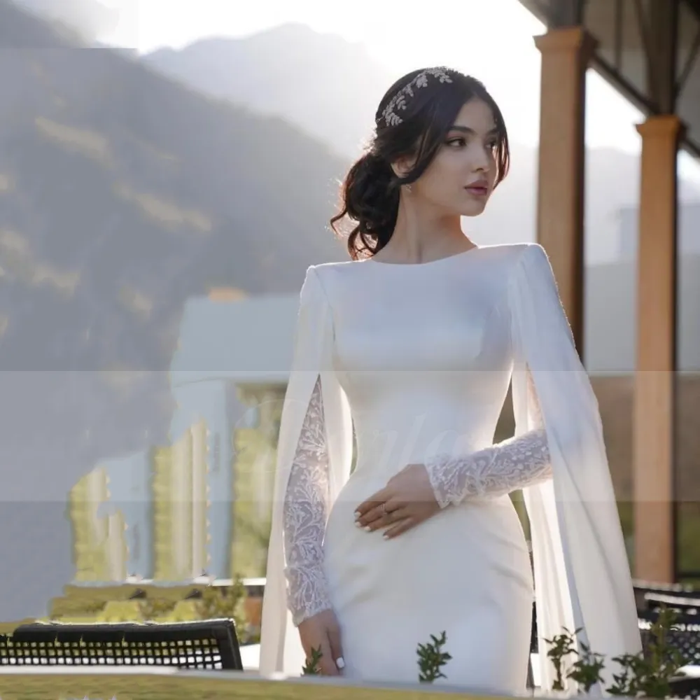 Flavinke Simple Satin Muslim Wedding Dresses 2023 O Neck Lace Full Sleeve Long image 3