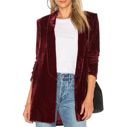 Women Casual Pleuche Blazer Adults Open Front Solid Color Long Sleeve Lapel Sui image 1