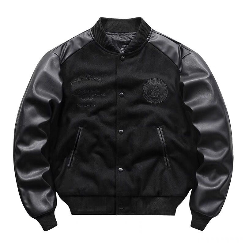 ARENS Techwear Bomber Vintage Leather Woolen Patchwork Pilot Jacket Men Splicin image 3