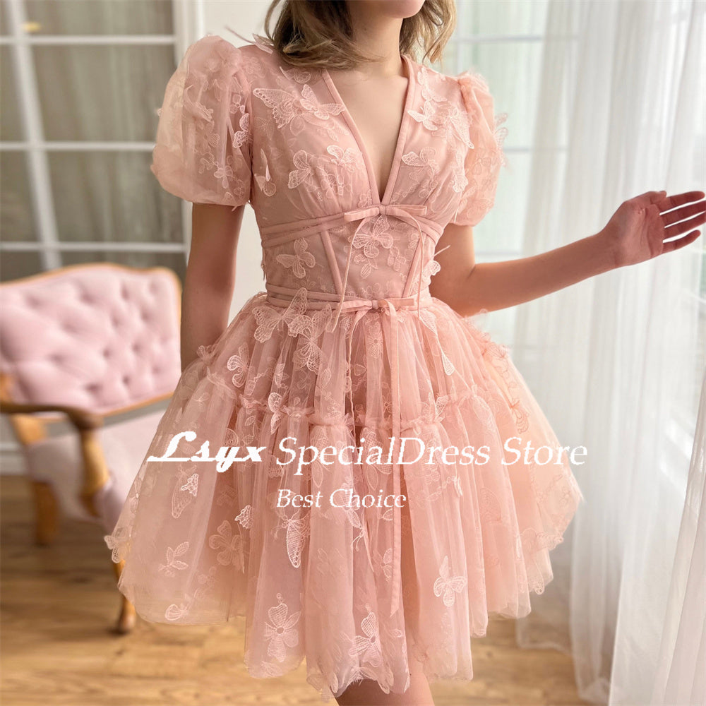 LSYX Above Knee Short Sleeves Butterflies Homecoming Dresses 2024 Tulle V Neck  image 6