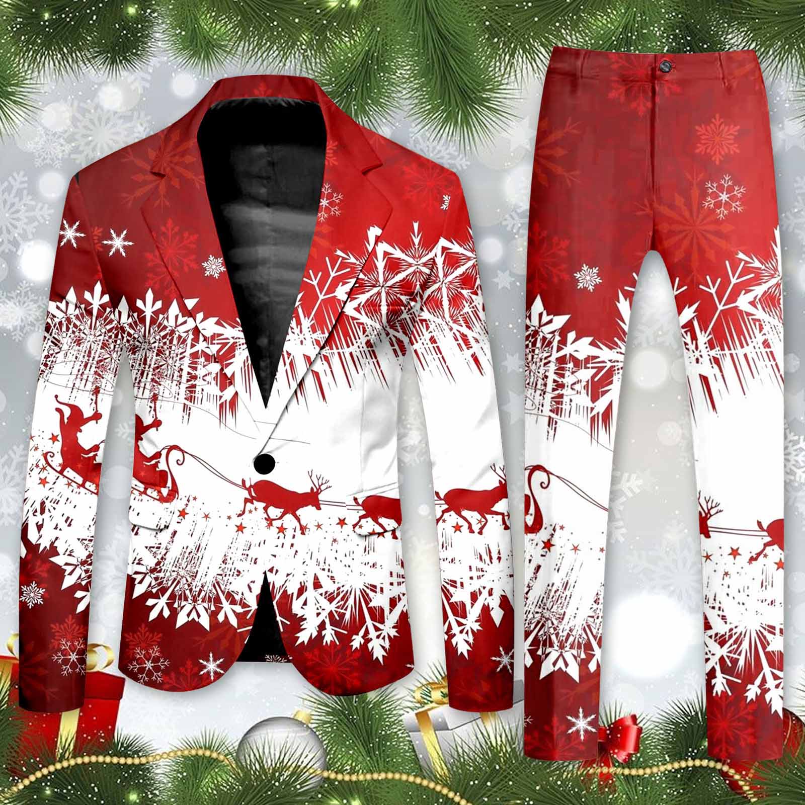 Blazer Men's Christmas 2 Piece Suit Set Snowflake Print Suit Jacket And Pants S image 2