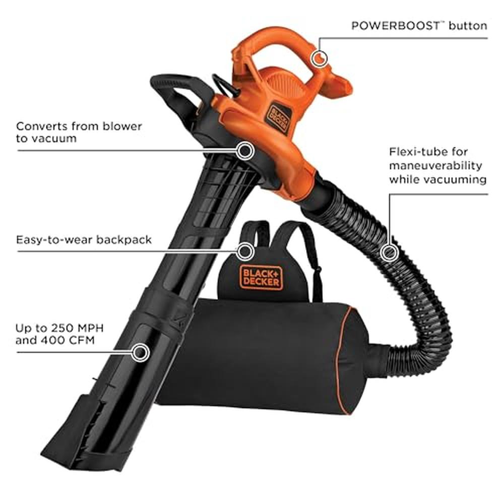 Leaf Blower Vacuum Mulcher 3in1 250 mph Airflow Electric Corded Backpack BEBL70 image 1