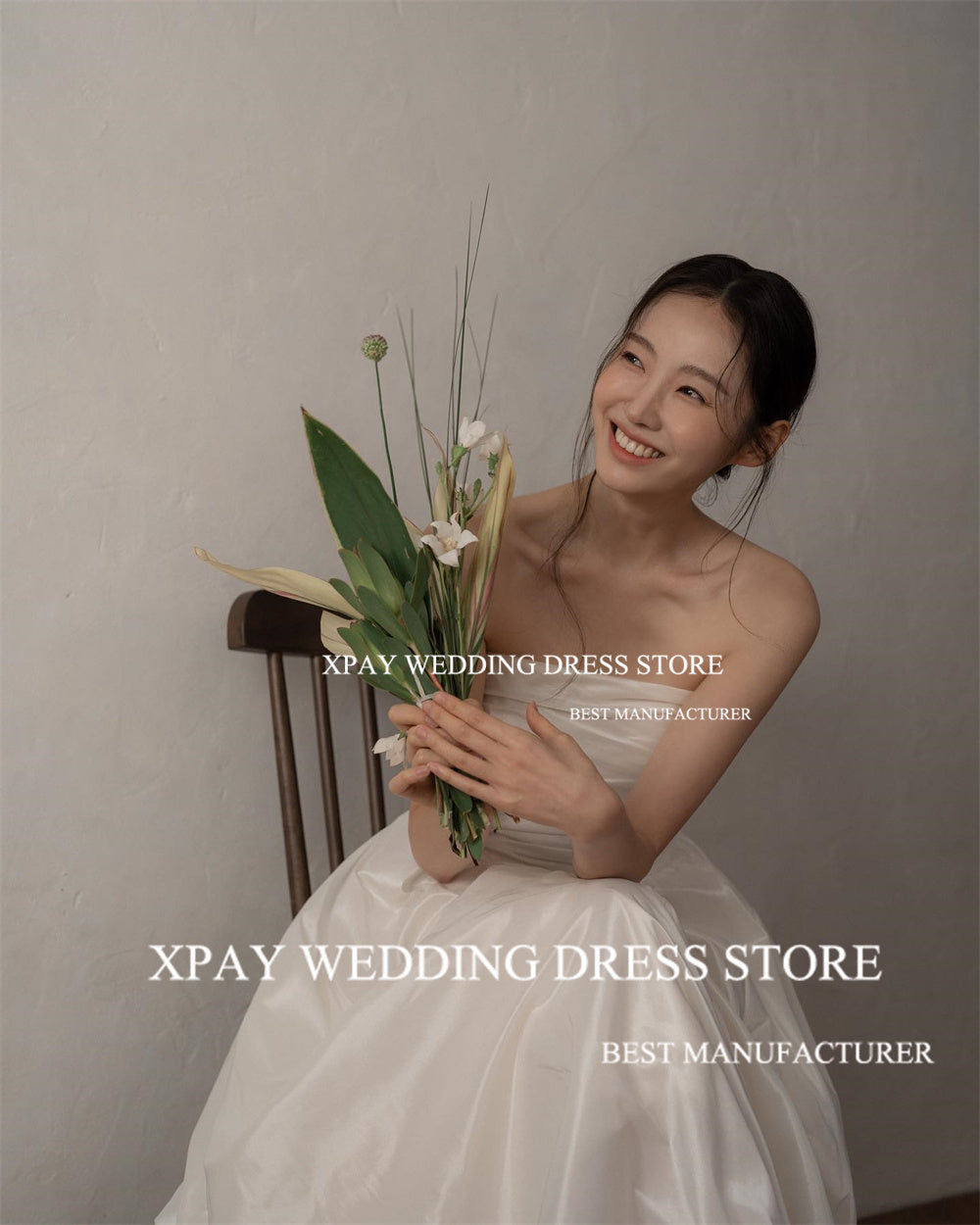XPAY Elegant Strapless A Line Korea Wedding Dresses Pleats Taffeta Bridal Dress image 3