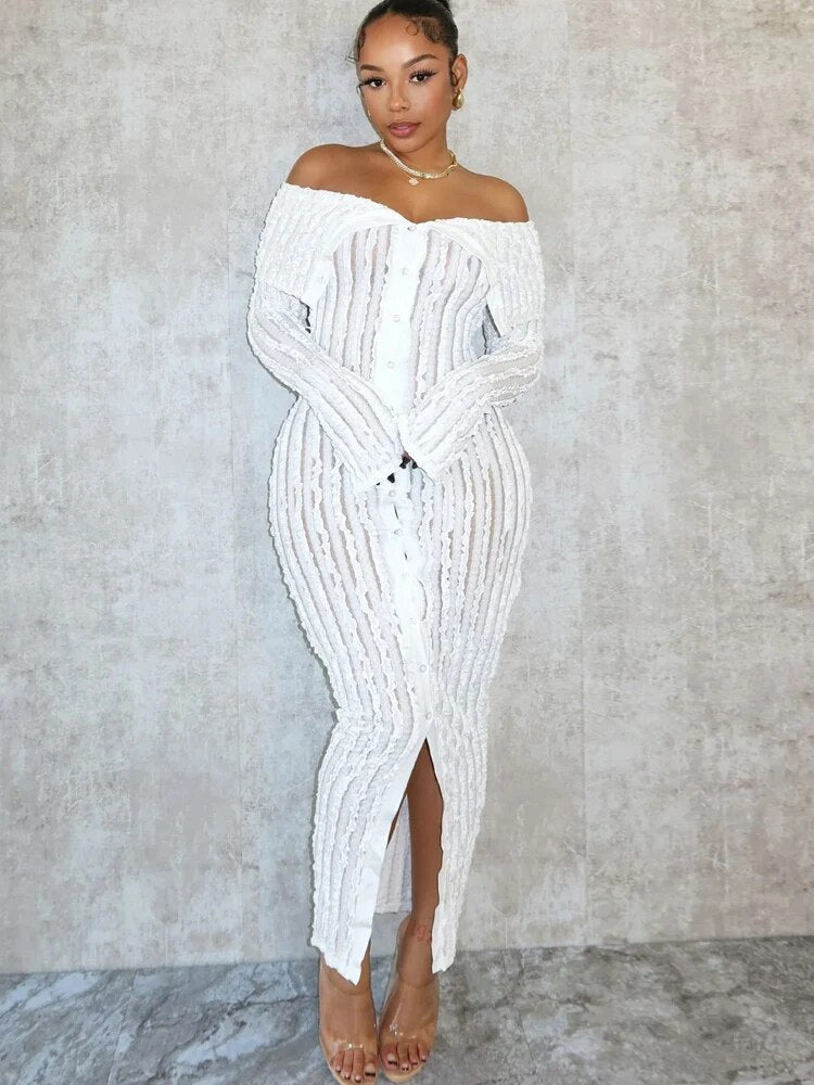 Beyprern Women Chic Pleated Midi Dress Off Shoulder See-Through Fitted Ruched