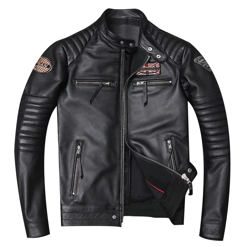 Motorcycle Genuine Leather Jacket for Men Style Biker Jackets Slim Cowhide spri image 5