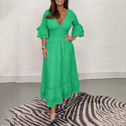 Women's  V-neck White Hollow Out Party Long Dress Summer 2024 New Casual