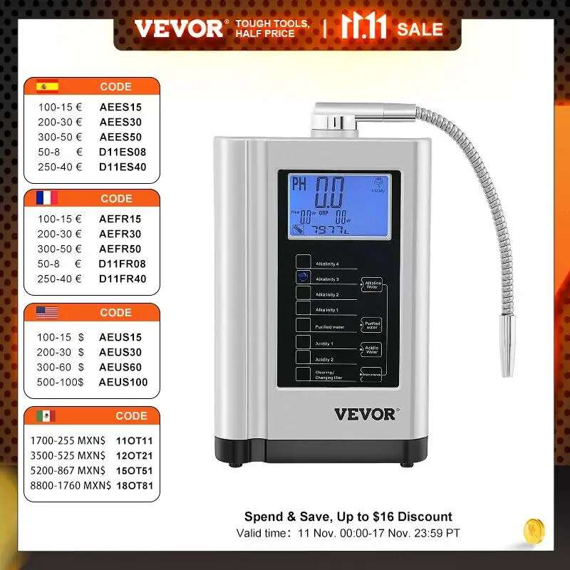 VEVOR Alkaline Water Ionizer PH3.5-10.5 Hydrogen Generator Machine Drinking Pur