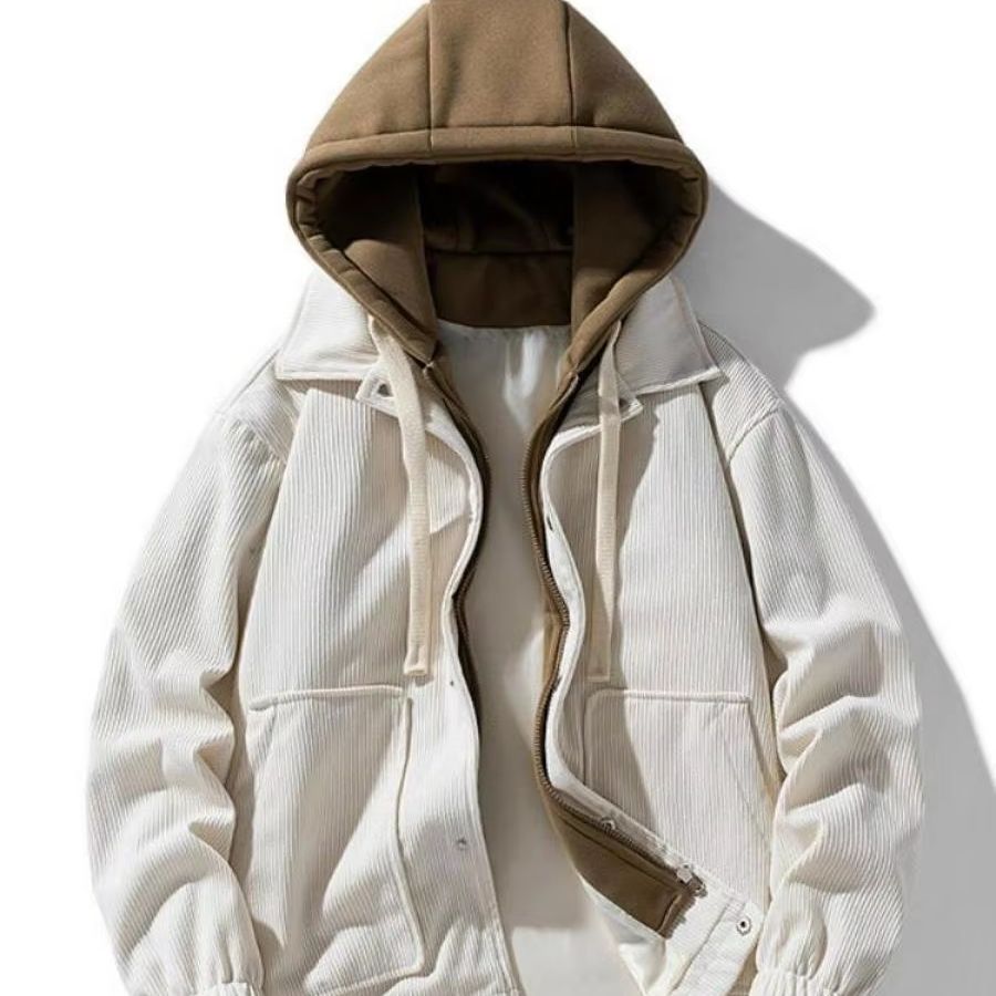 Men's Corduroy Hooded Jacket Autumn Winter Thickened Warm Faux Two-Piece Hoodie image 2