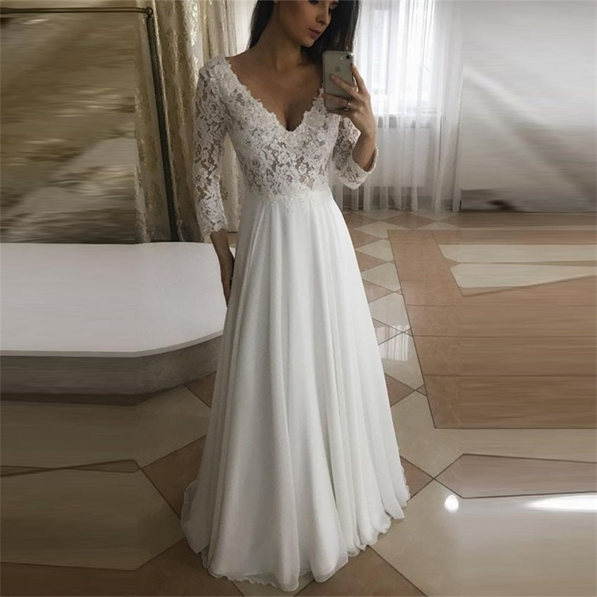 2020 Long Sleeves Beach Wedding Dress Lace Chiffon Wedding Gown A-line V-neck F