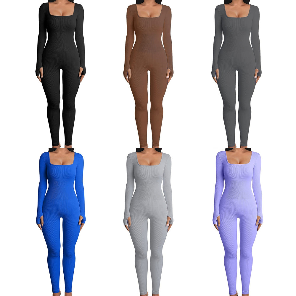 Women's One-Piece Ribbed Square Collar Yoga Sports Jumpsuit Solid Color Long Sl image 9