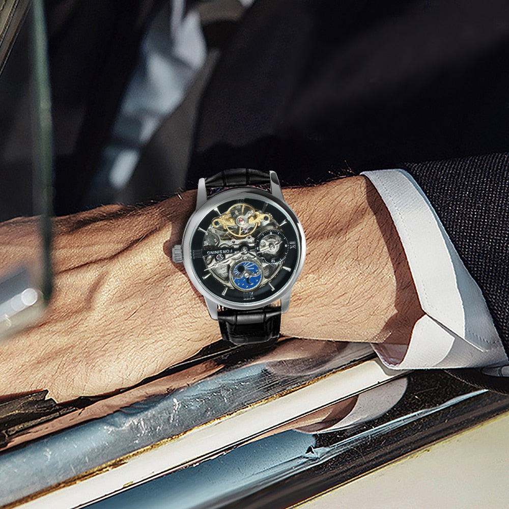 Forsining Luxury Skeleton Mechanical Watches for Men Dual Time Zone Tourbillion image 9