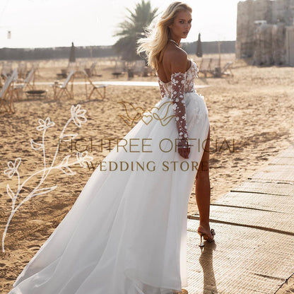 Eightree 2024 Princess A-Line Wedding Dresses Boho Srapless Appliques Side Slit image 2