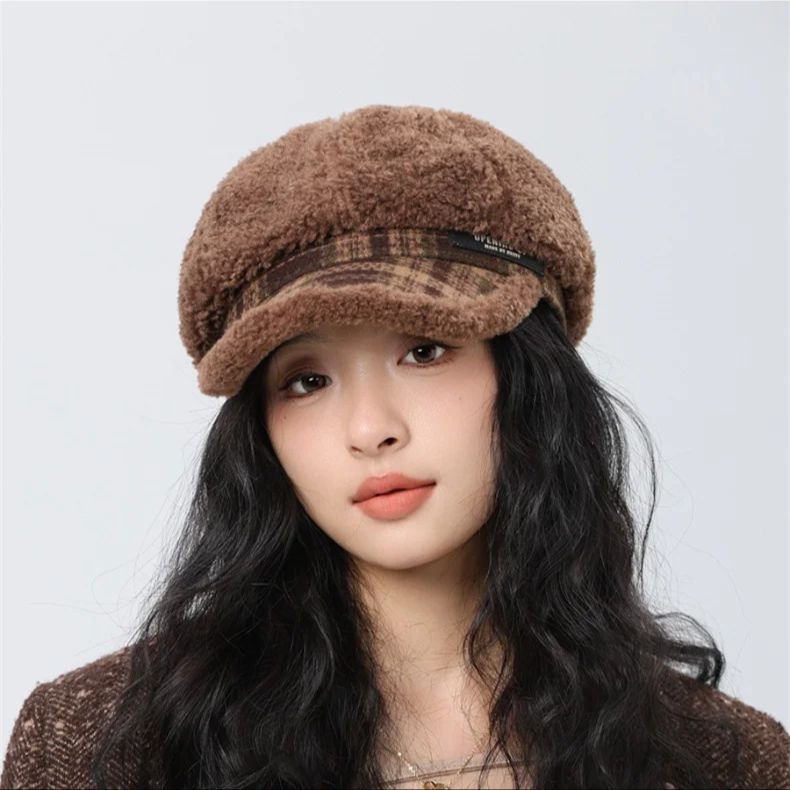 Plush Octagonal Cap Girls Autumn Winter Warm Beret Big Head Face Small Newspape image 6