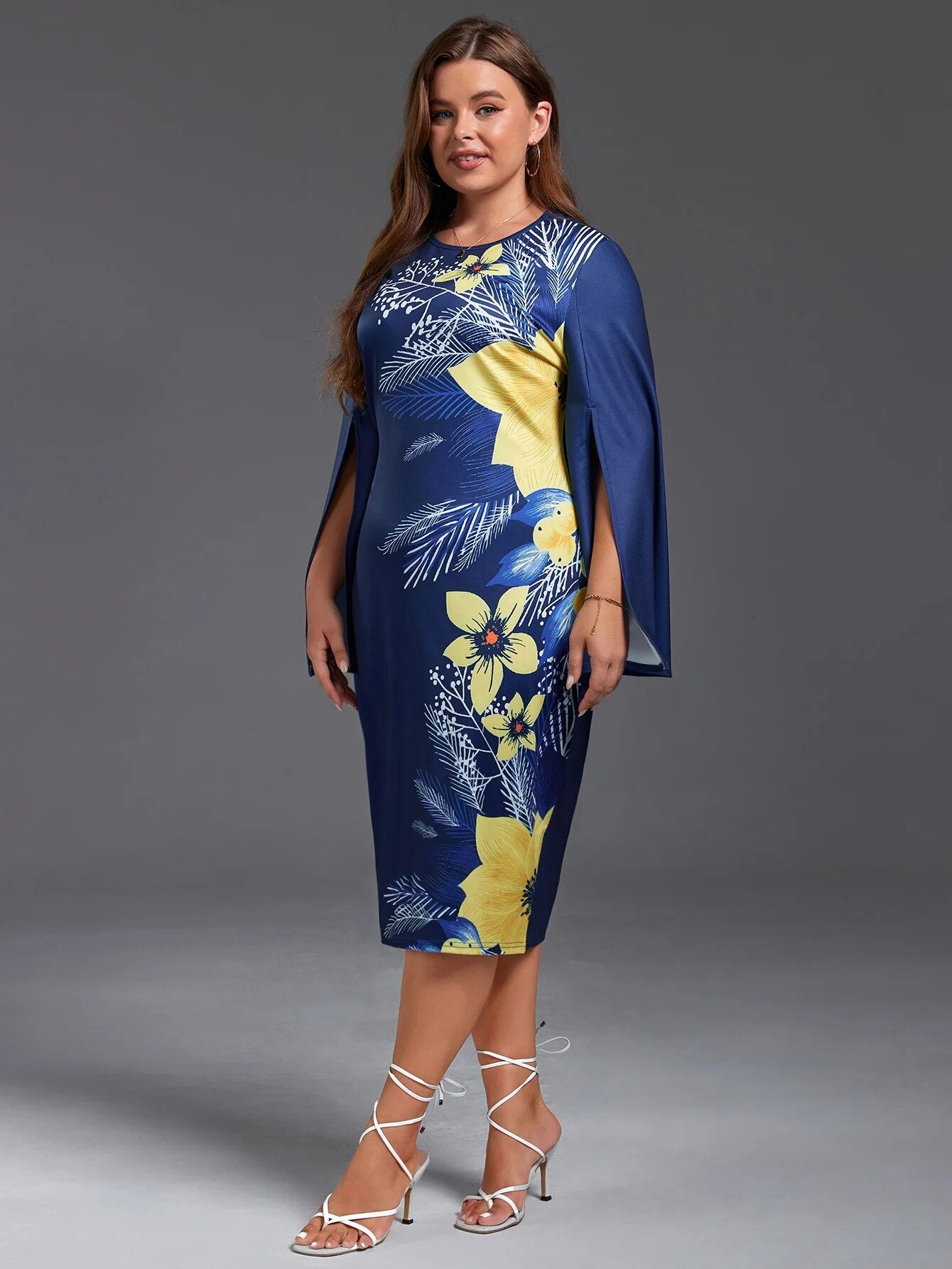 Plus Size Printed Midi Dress - O-Neck Long Sleeve Elegant
