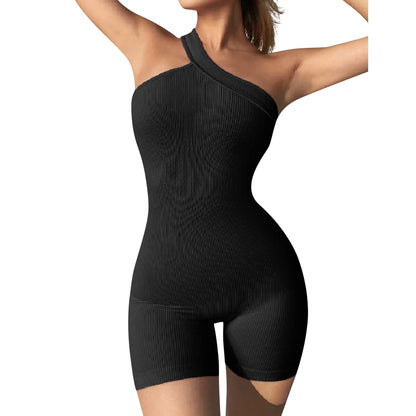 Women's One-Piece Yoga Fitness Shorts Jumpsuit Fashion One Shoulder Solid Ribbe image 1