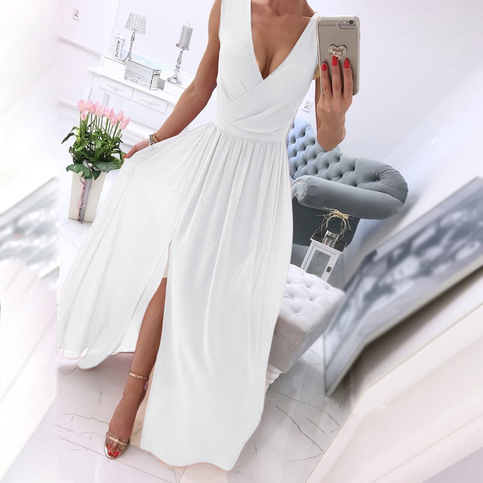 A-Line Waisted Sleeveless White Dress Ladies Deep V Neck Pleated Prom Dresses S image 3