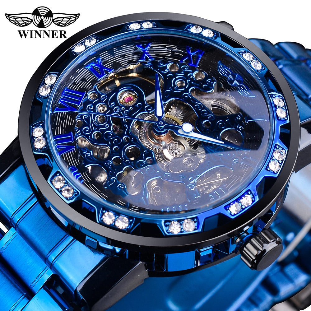 Winner Fashion Watches Classic Rhinestone Clock Roman Analog Male Skeleton Cloc image 3
