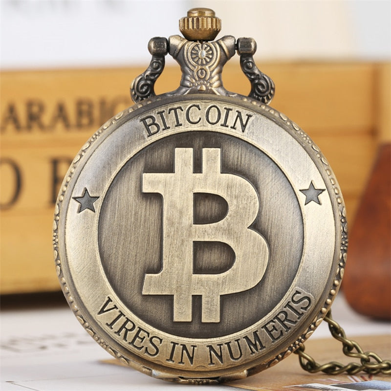Antique Bronze Bitcoin Pattern Quartz Pocket Watch Exquisite Engraving Souvenir image 1