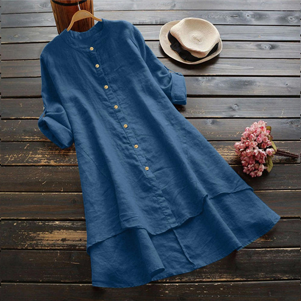 Women's Spring Solid Cotton Linen Shirt Dress Ladies Loose Dress Long Tops Blou image 3