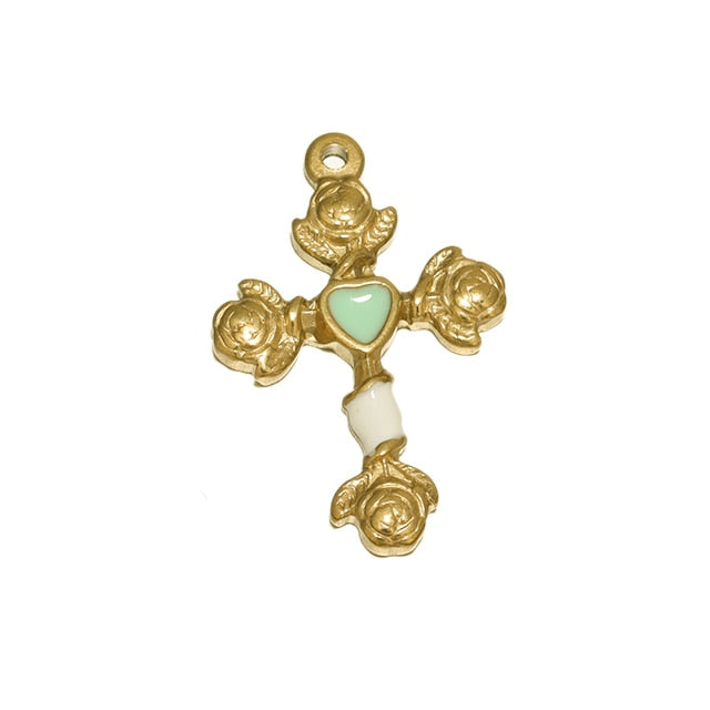 5pcs Stainless Steel Gold Color Plated Enamel Flower Cross Charms Findings Wome image 2