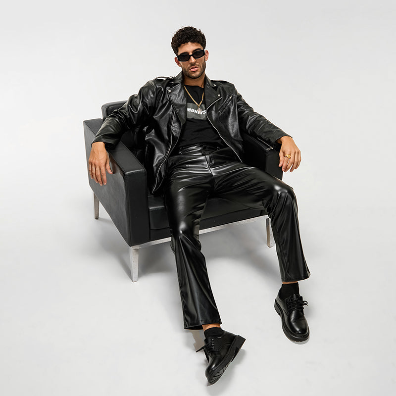 Men s Classic Black Leather Biker Jacket with Quilted Shoulders and Zippered Po image 5