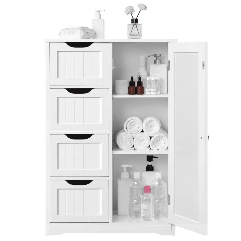 Alden Design Wooden Bathroom Storage Cabinet with 4 Drawers & Cupboard, White image 5
