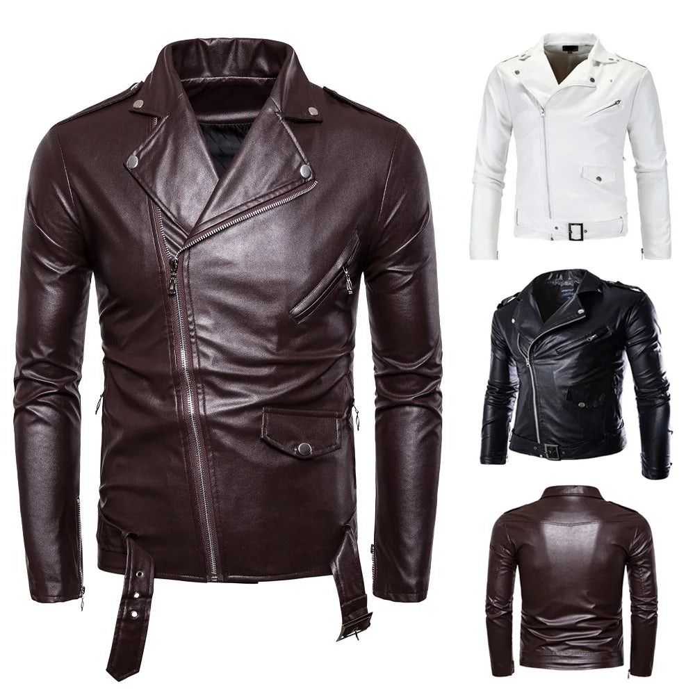 Men's Leather Jackets New White Black Casual Lapel Slim Fit Diagonal Zipper Moto image 2