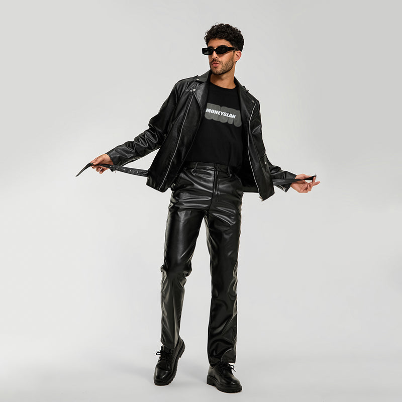 Men s Classic Black Leather Biker Jacket with Quilted Shoulders and Zippered Po image 3