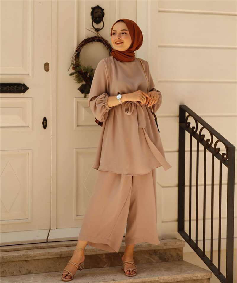 Muslim Women Arab 2 Piece Set Fashion Long Sleeve Tops + Wide Leg Pants Matchin image 10