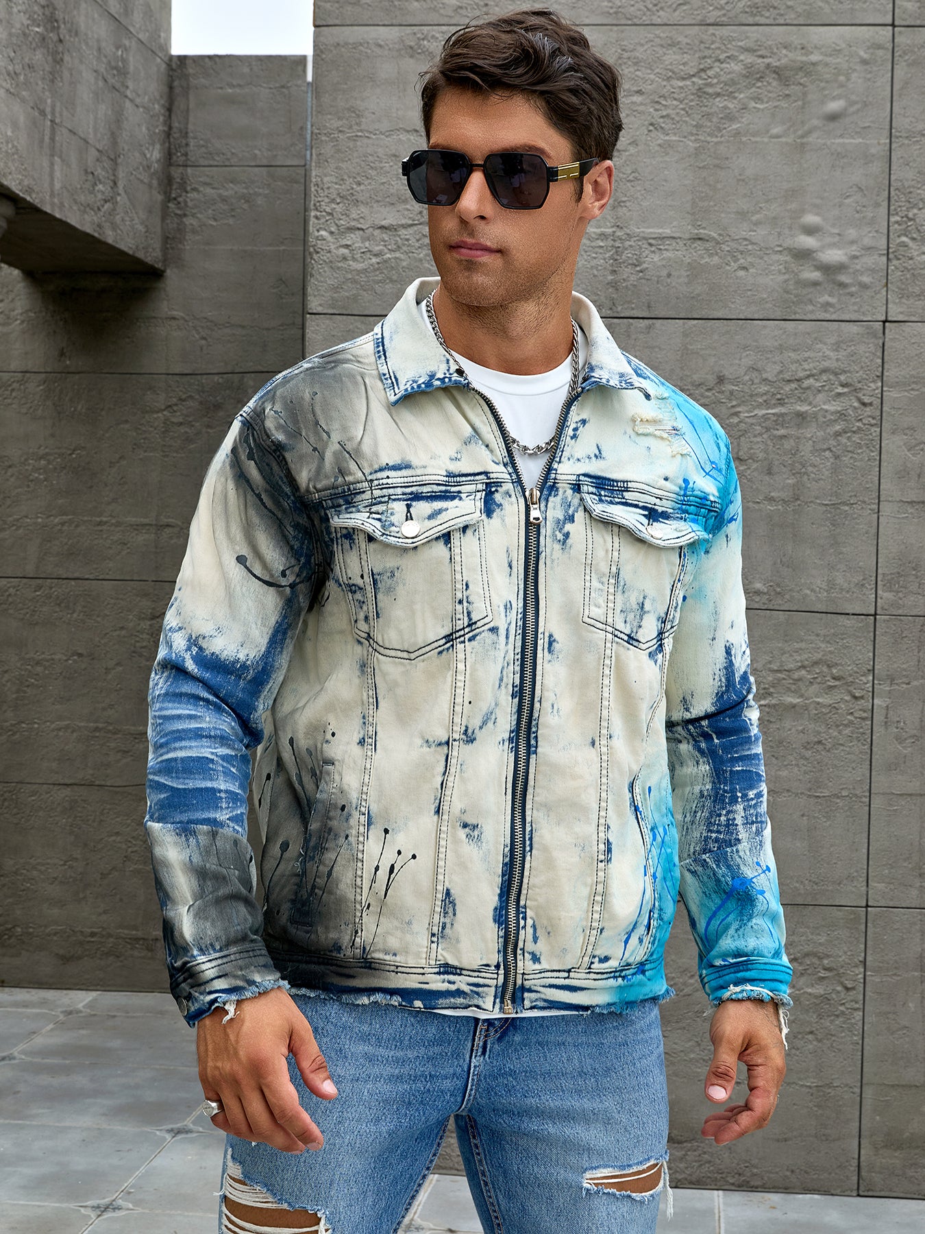 Men's fashion stretch jacket, full strip printing, fashion wash, has a very fas image 4