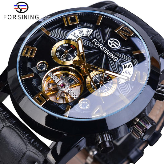 Forsining Tourbillion Fashion Wave Black Golden Clock Multi Function Display Me image 0
