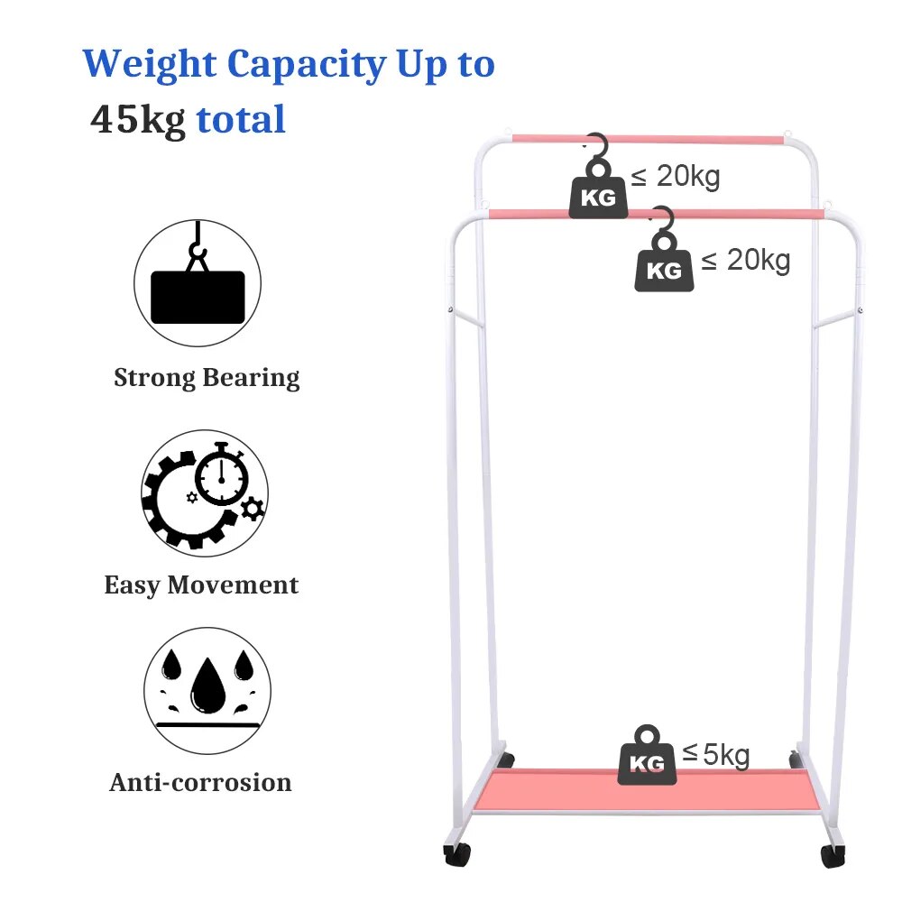 Heavy Duty Clothes Rack Garment Rail Rolling Stand Two Top Rod & Lower Storage image 4