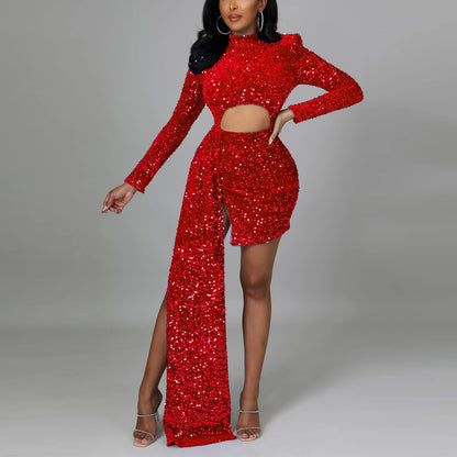 Elegant Sexy White/Red Hollow Out Sequins Long Dress Women's Fashion Bodycon Lo image 5