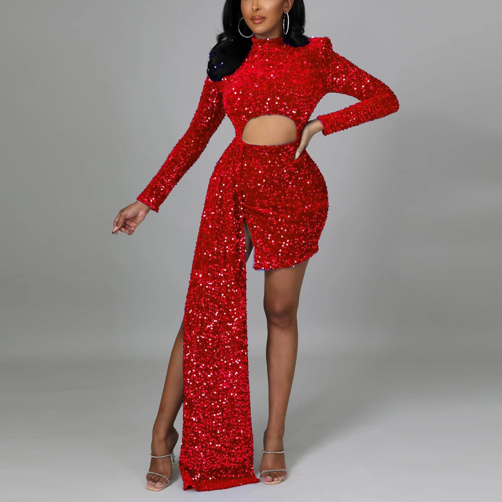 Elegant  White/Red Hollow Out Sequins Long Dress Women's Fashion Bodycon Lo image 5