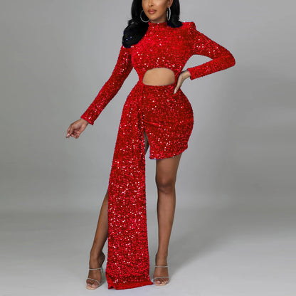 Elegant  White/Red Hollow Out Sequins Long Dress Women Fashion Bodycon Lo image 5