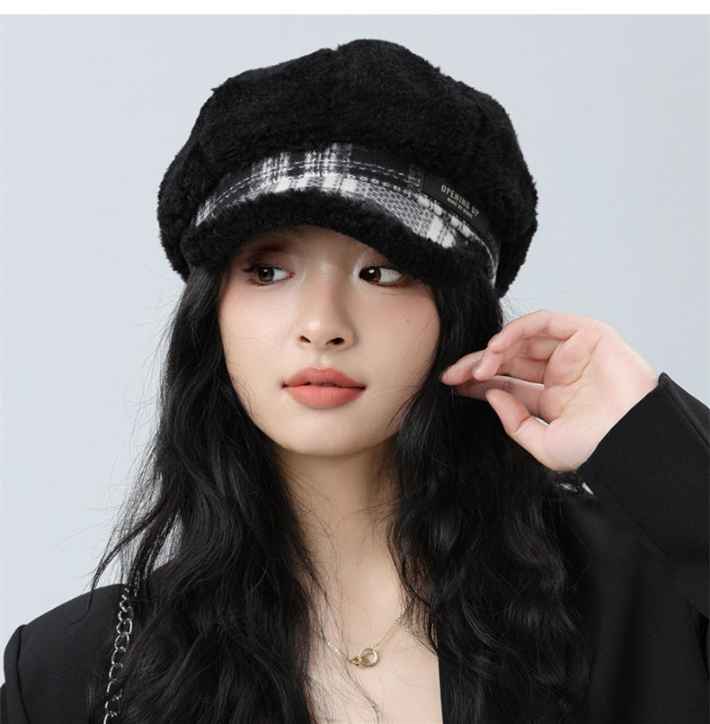 Plush Octagonal Cap Girls Autumn Winter Warm Beret Big Head Face Small Newspape image 7