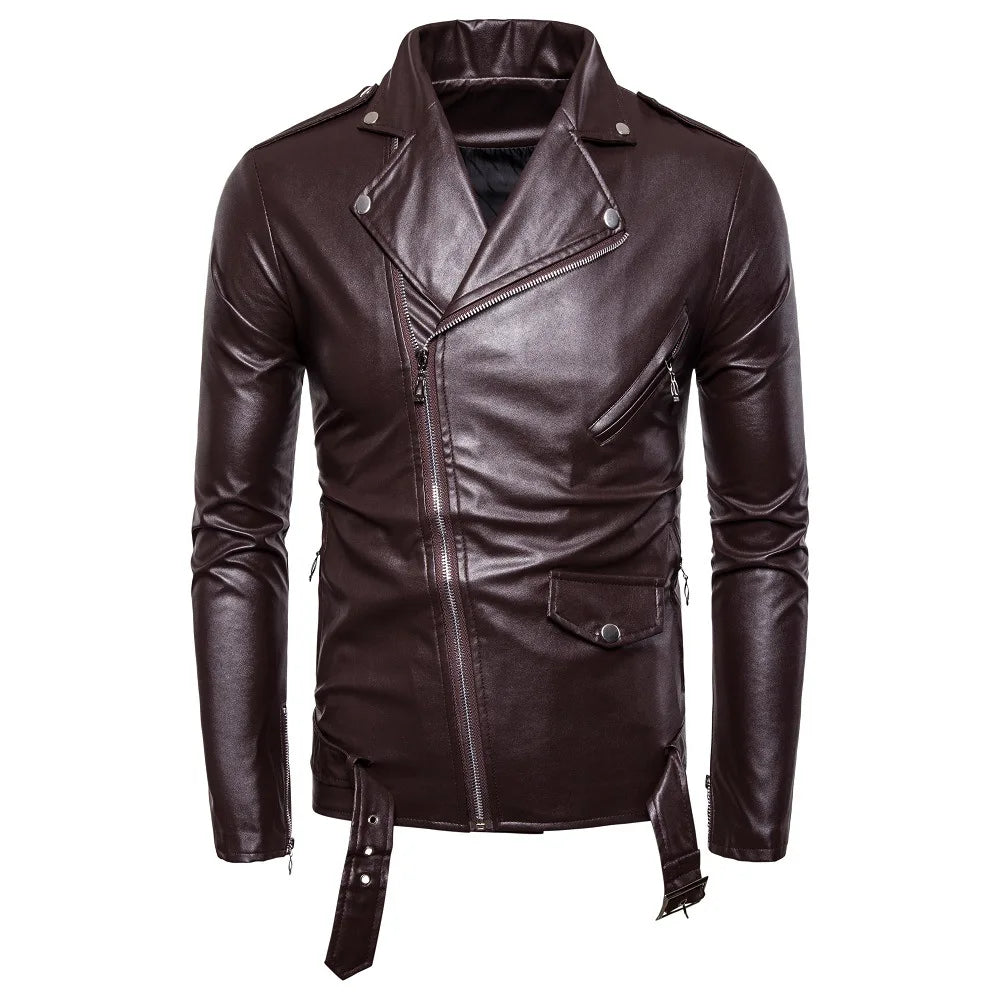 Men's Leather Jackets New White Black Casual Lapel Slim Fit Diagonal Zipper Moto image 3