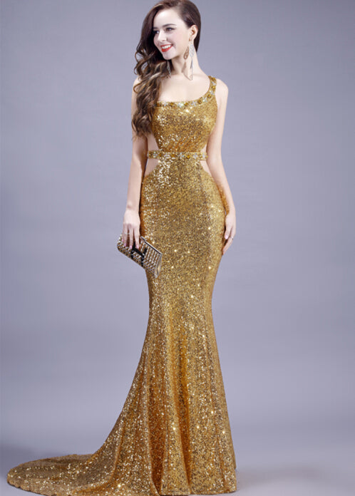 backless robes gold sequined mermaid Evening prom gown 2021 one