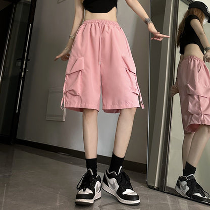 ZOKI Women High Waist Cargo Shorts American Style Streetwear Summer Wide Leg Pa image 4